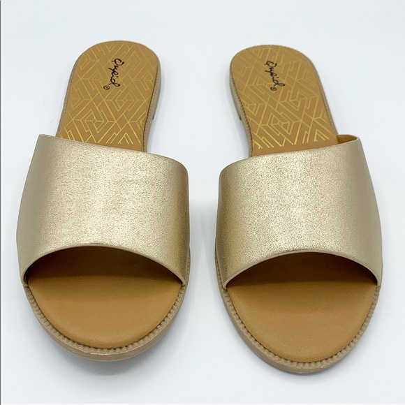 Gold Metallic Slide Sandals Flat Slip On Summer Casual Shoes - Picture 2 of 9